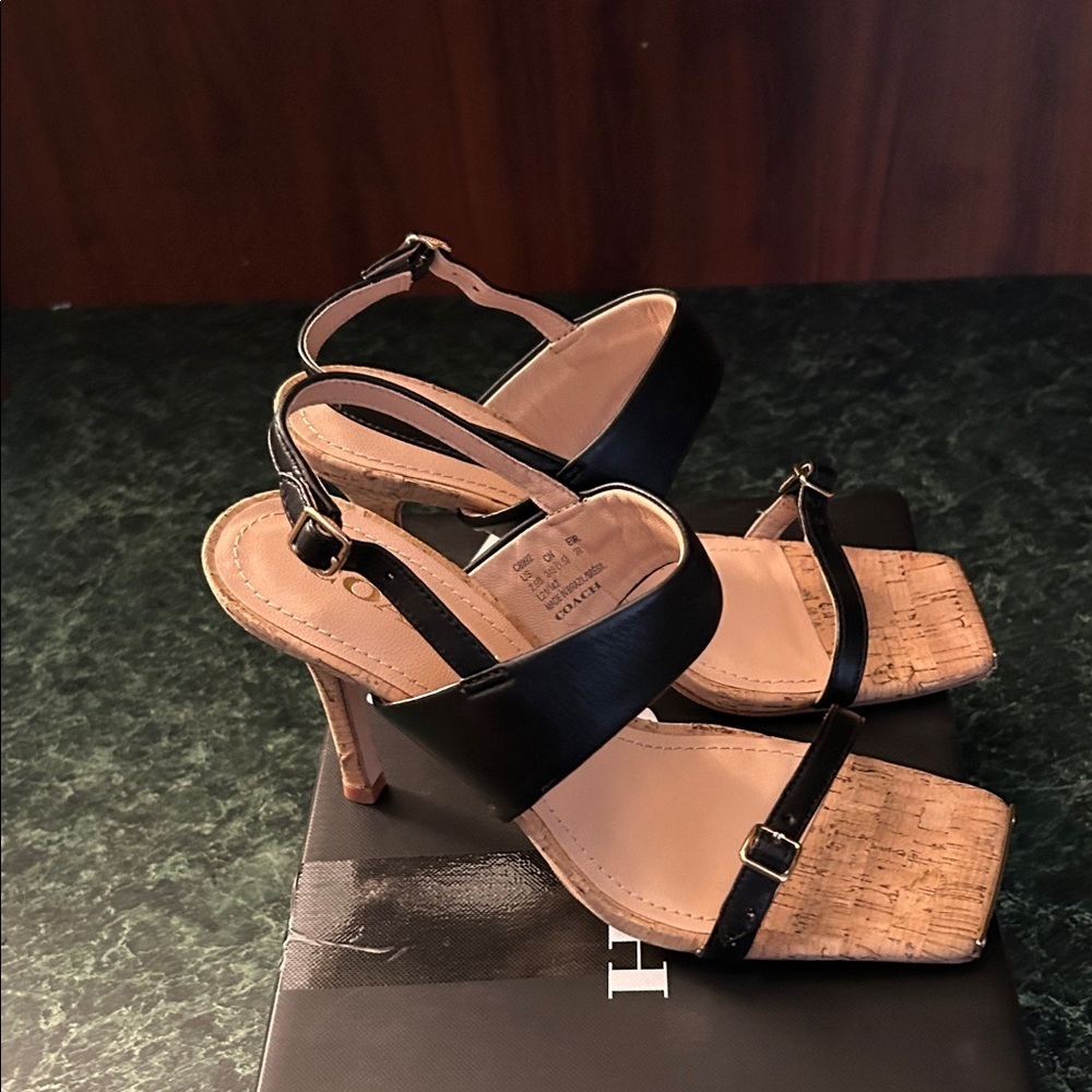 Coach Black and Tan Strappy Heels